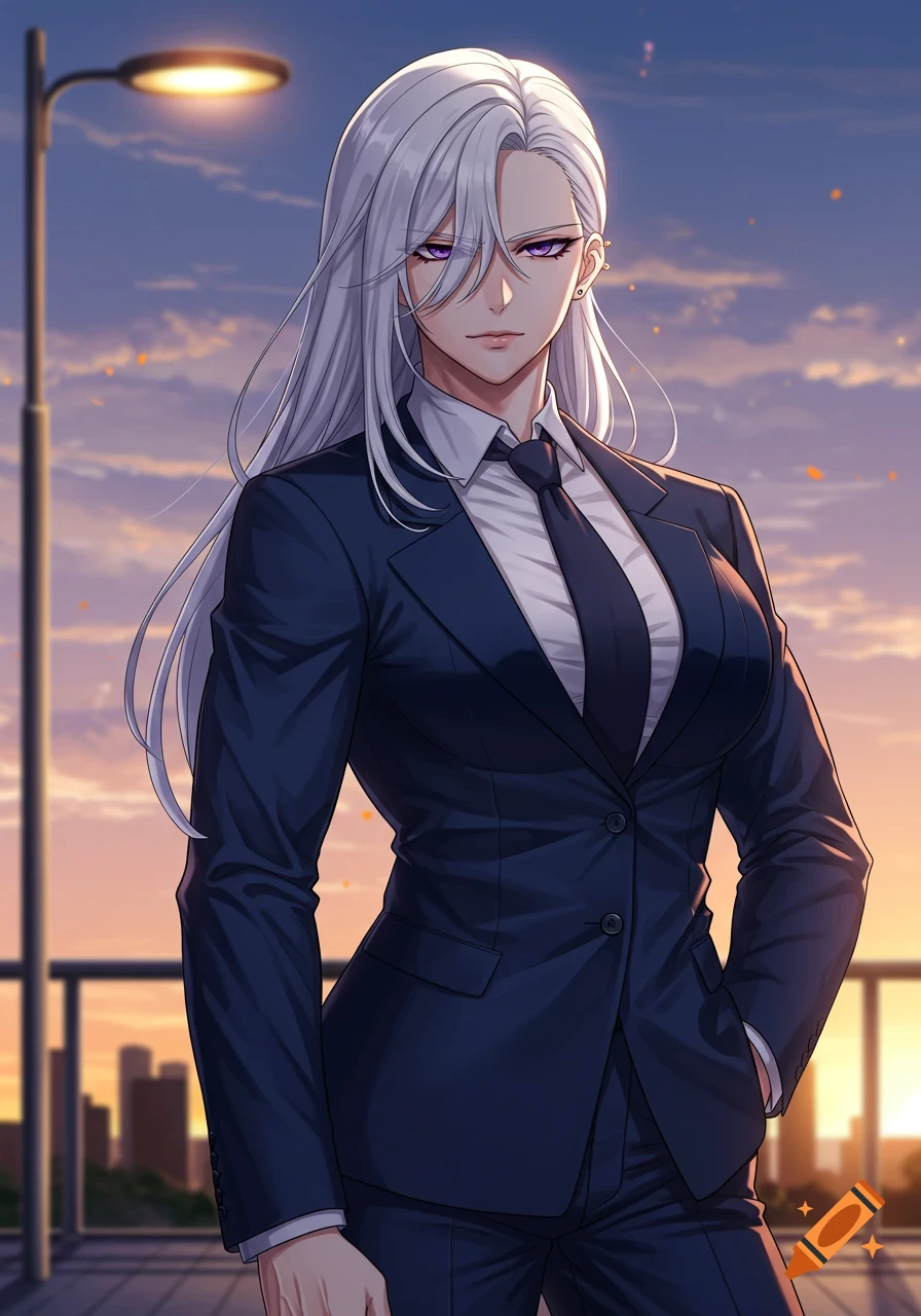 Anime woman with long white hair and purple eyes in a dark blue business suit, standing outdoors at sunset with a city background.