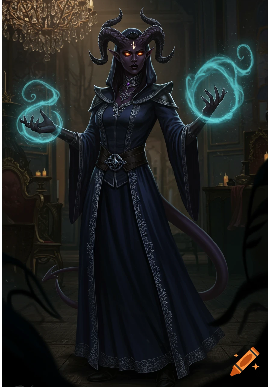 A dark-skinned, horned tiefling sorcerer in a black hooded robe casts glowing blue magic in an ornate, dimly lit room.