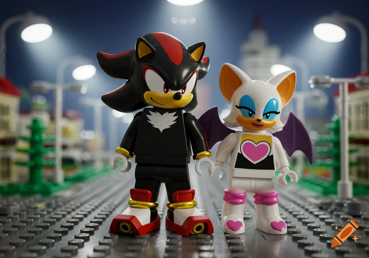 Lego minifigures of Shadow the Hedgehog and Rouge the Bat stand on a Lego street with buildings in the background.