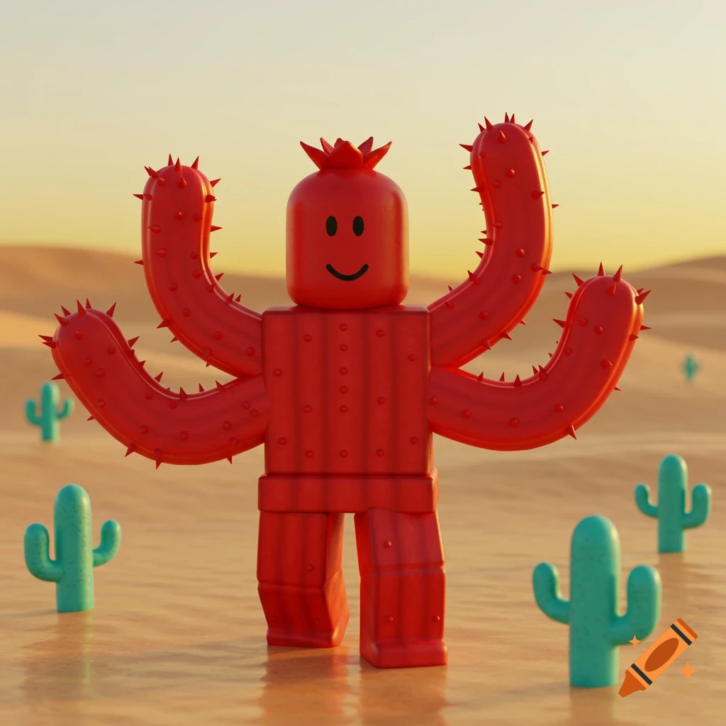 A red Roblox-style character with a cactus-shaped body and a smiley face stands in a sandy desert with smaller turquoise cacti.