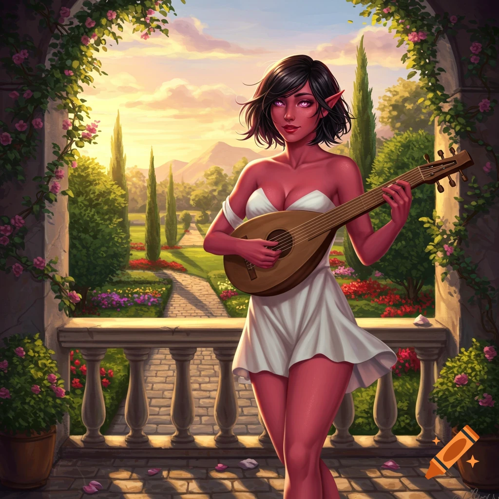 A red-skinned female elf with short black hair and pink eyes plays a lute on a balcony overlooking a lush garden at sunset.
