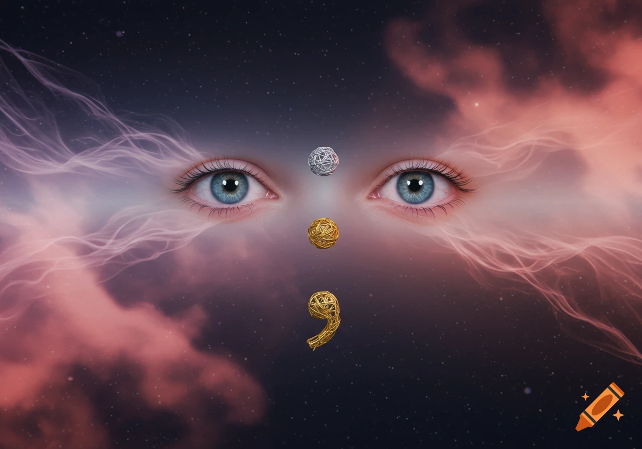 A pair of blue eyes against a cosmic background with pink and purple clouds. Between the eyes, silver and gold wire-frame elements form a stylized semicolon.