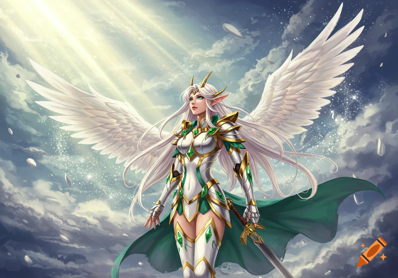 An angelic elf warrior with long white hair, feathered wings, and white and green fantasy armor, holding a sword against a sky background.