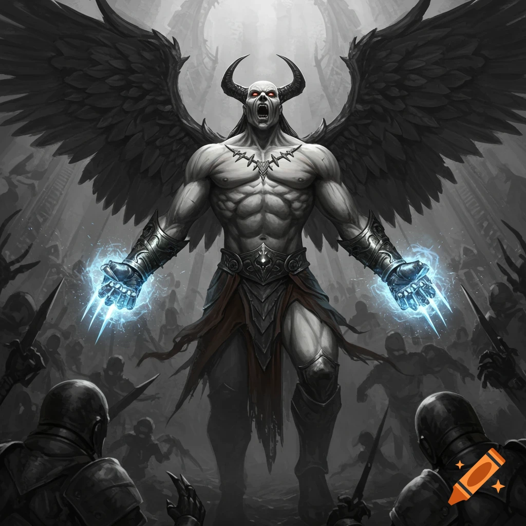 A large, pale, muscular demon with black wings and horns, its hands glowing with blue energy, stands before a crowd of shadowy figures in a dark, gothic setting.