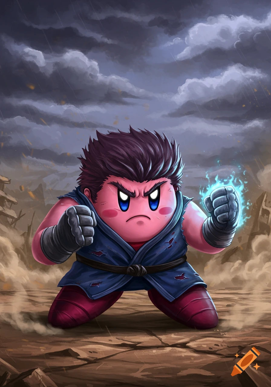 Angry Kirby dressed as Kenshiro, with a glowing blue fist, on a stormy battleground.