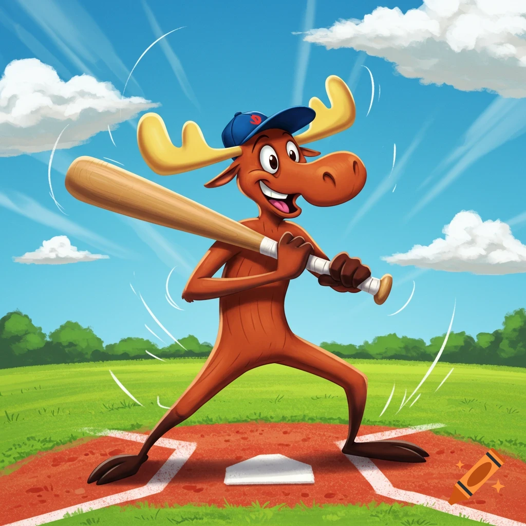 A happy cartoon moose wearing a blue baseball cap with a 'D' logo, holding a baseball bat on a sunny field.