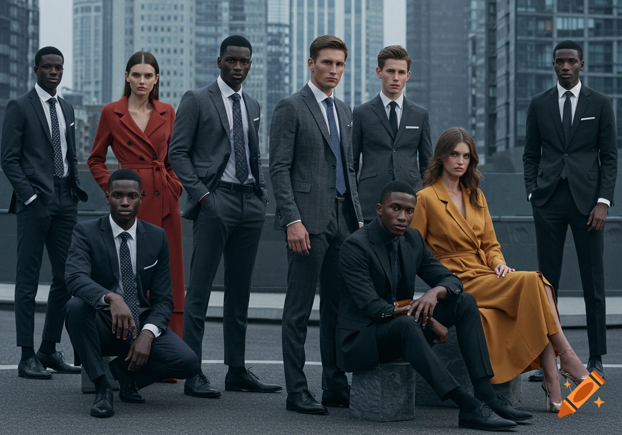 A group of diverse models in business attire posing outdoors with city buildings in the background.