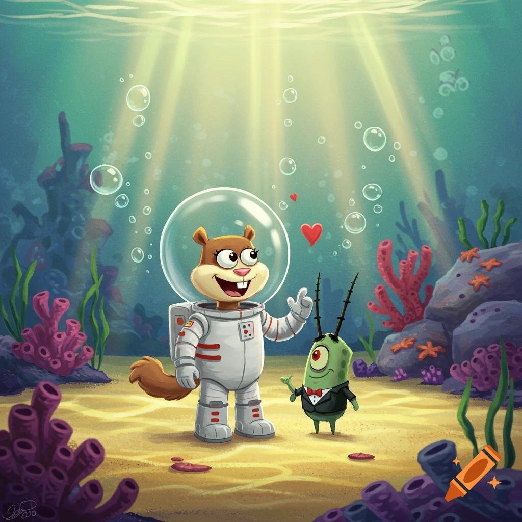 Cartoon of Sandy Cheeks in a spacesuit and Plankton in a tuxedo underwater, with coral and a heart bubble.