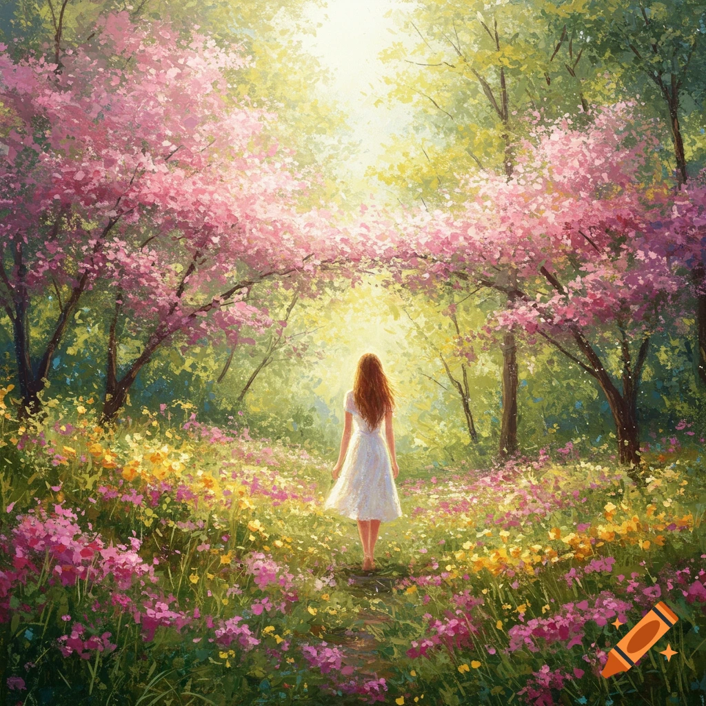 Impressionistic painting of a woman with long red hair in a white dress walking down a path in a vibrant forest blooming with pink and yellow flowers.