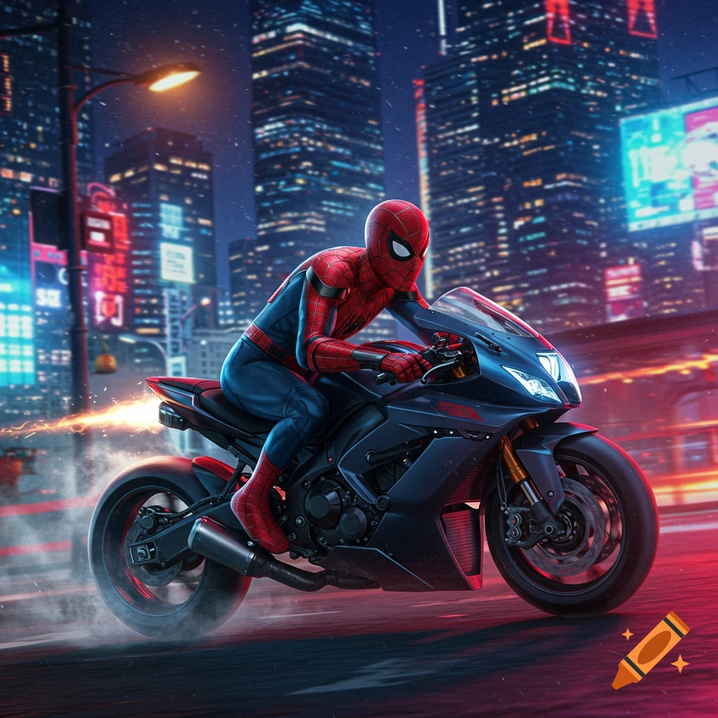 Spider-Man in a red and blue suit rides a black sports motorcycle down a neon-lit city street at night, with motion blur.