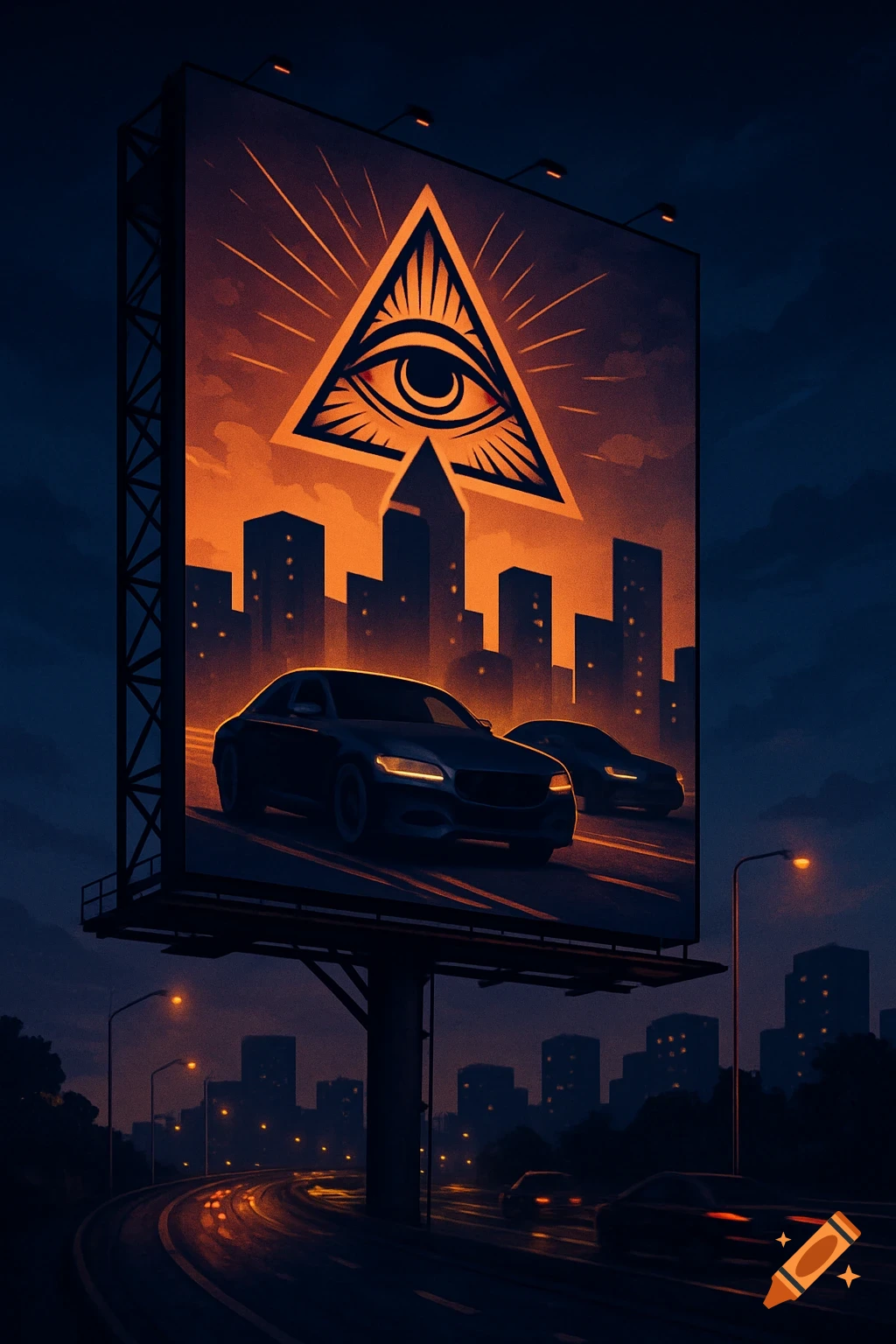 Stylized image of a billboard with a glowing Eye of Providence and city skyline above cars on a highway at night.