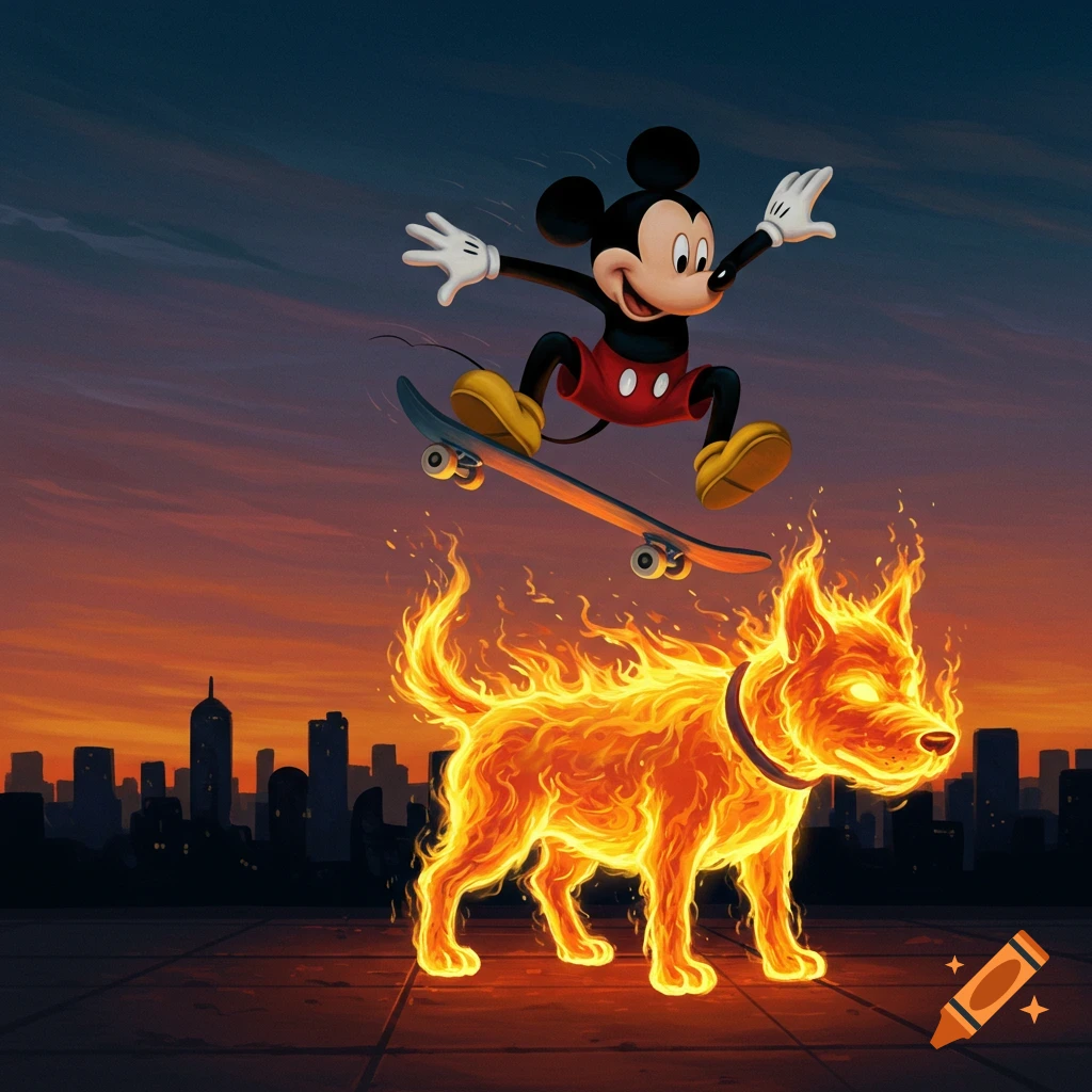 Mickey Mouse on a skateboard jumping over a vibrant fire dog, set against a cartoon cityscape at sunset.
