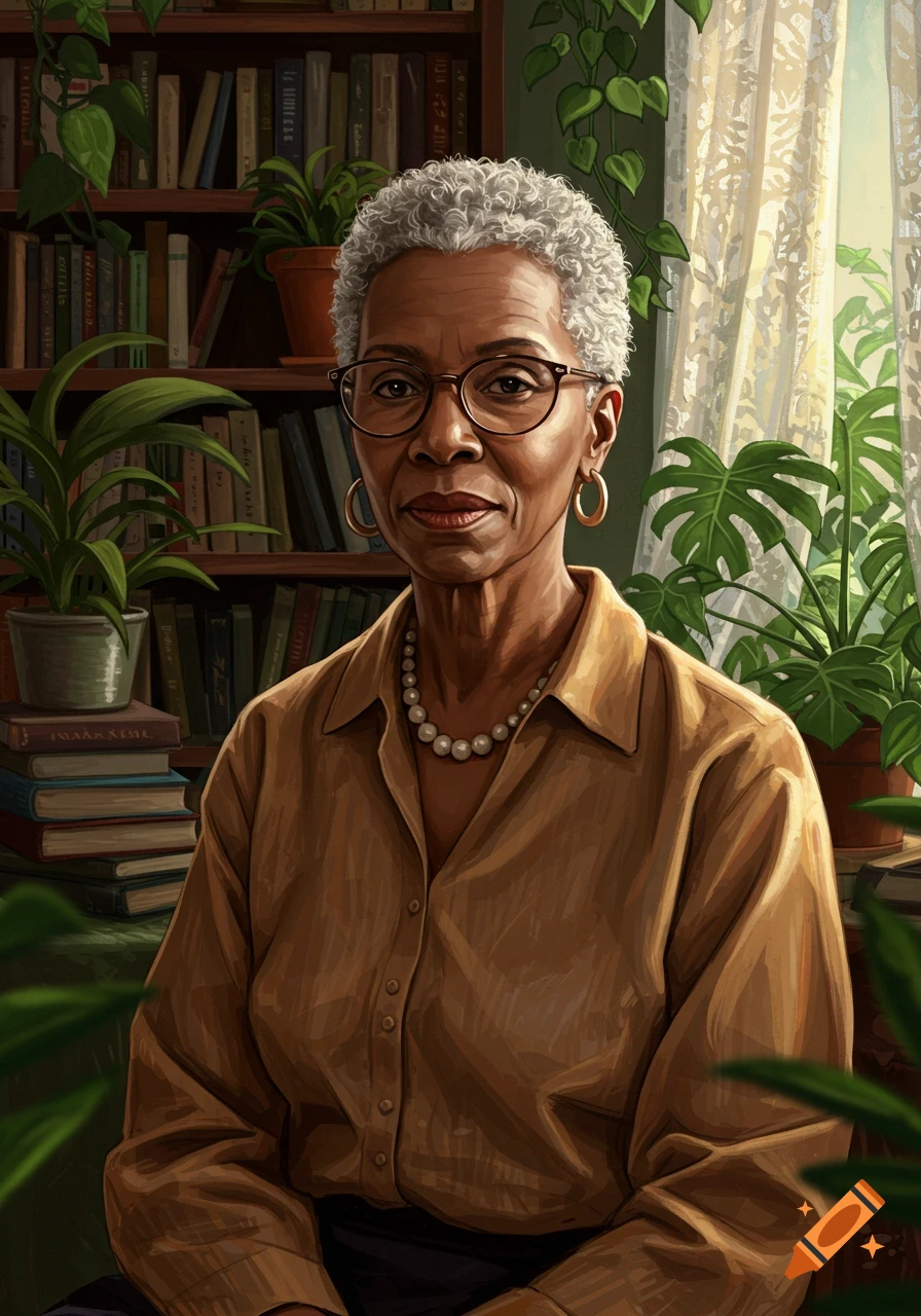 Detailed portrait of an elderly Black woman with gray curly hair and glasses, wearing a pearl necklace, surrounded by bookshelves and plants.
