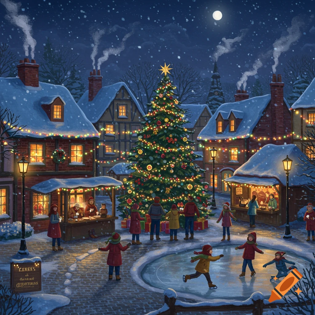 A festive winter village scene with a large decorated Christmas tree, ice skaters, market stalls, and snow-covered houses under a full moon.