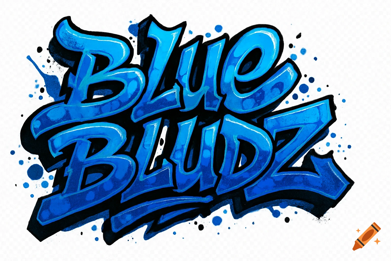 Graffiti style text "Blue Bludz" in various shades of blue with paint splatters on a transparent background.