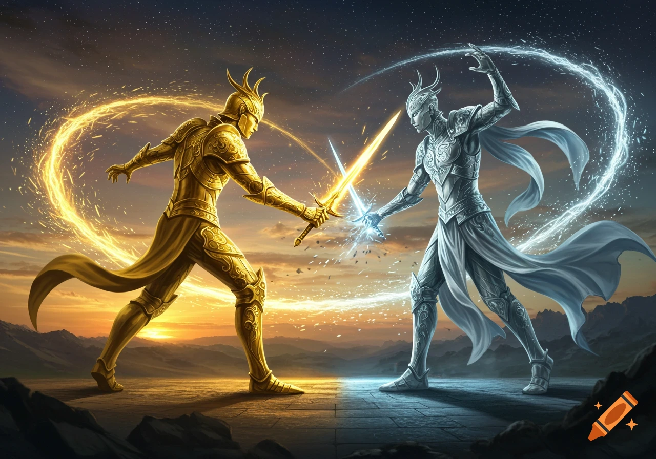 Two armored figures, one gold and one silver, duel with glowing swords and magic against a split sky of sunset and stars.