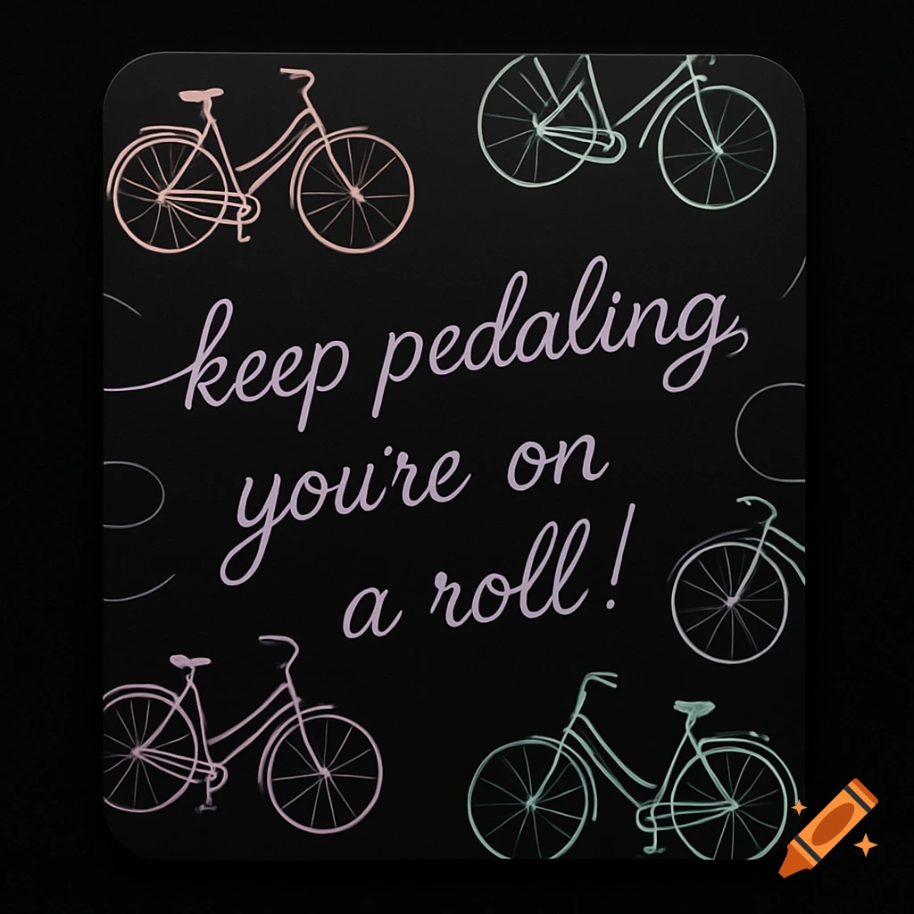 A black sign with outlines of bicycles in pink and mint green, featuring the motivational quote "keep pedaling, you're on a roll!" in lavender script.