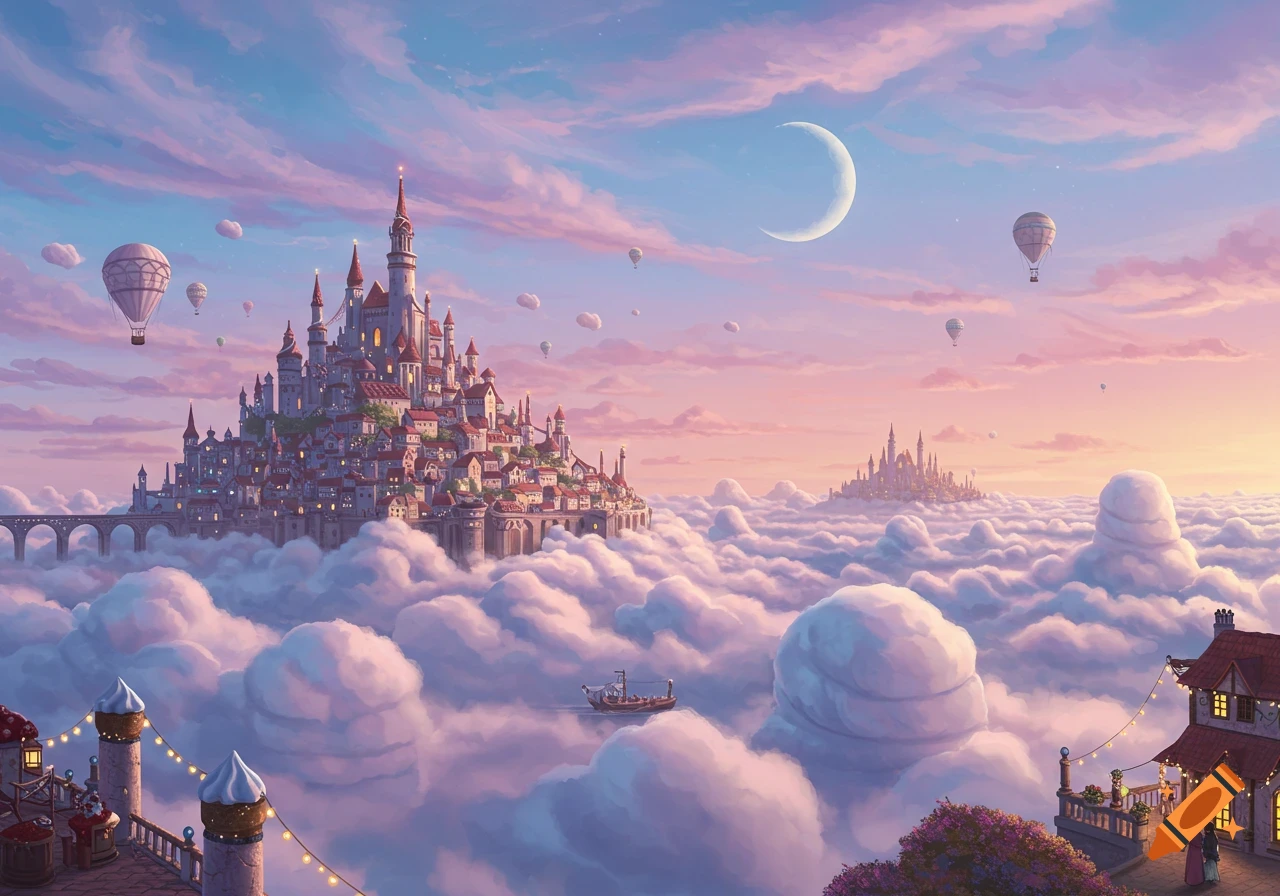 Fantasy city with castles floating on fluffy clouds at sunset, with hot air balloons and a crescent moon.