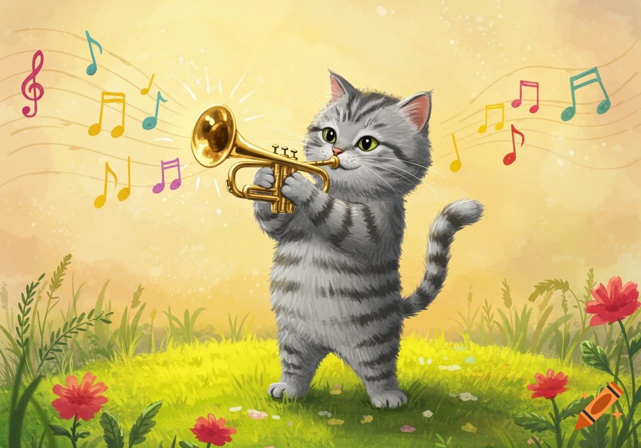 Whimsical illustration of a cute gray tabby cat happily playing a golden trumpet in a sunny, grassy field with flowers and floating musical notes.
