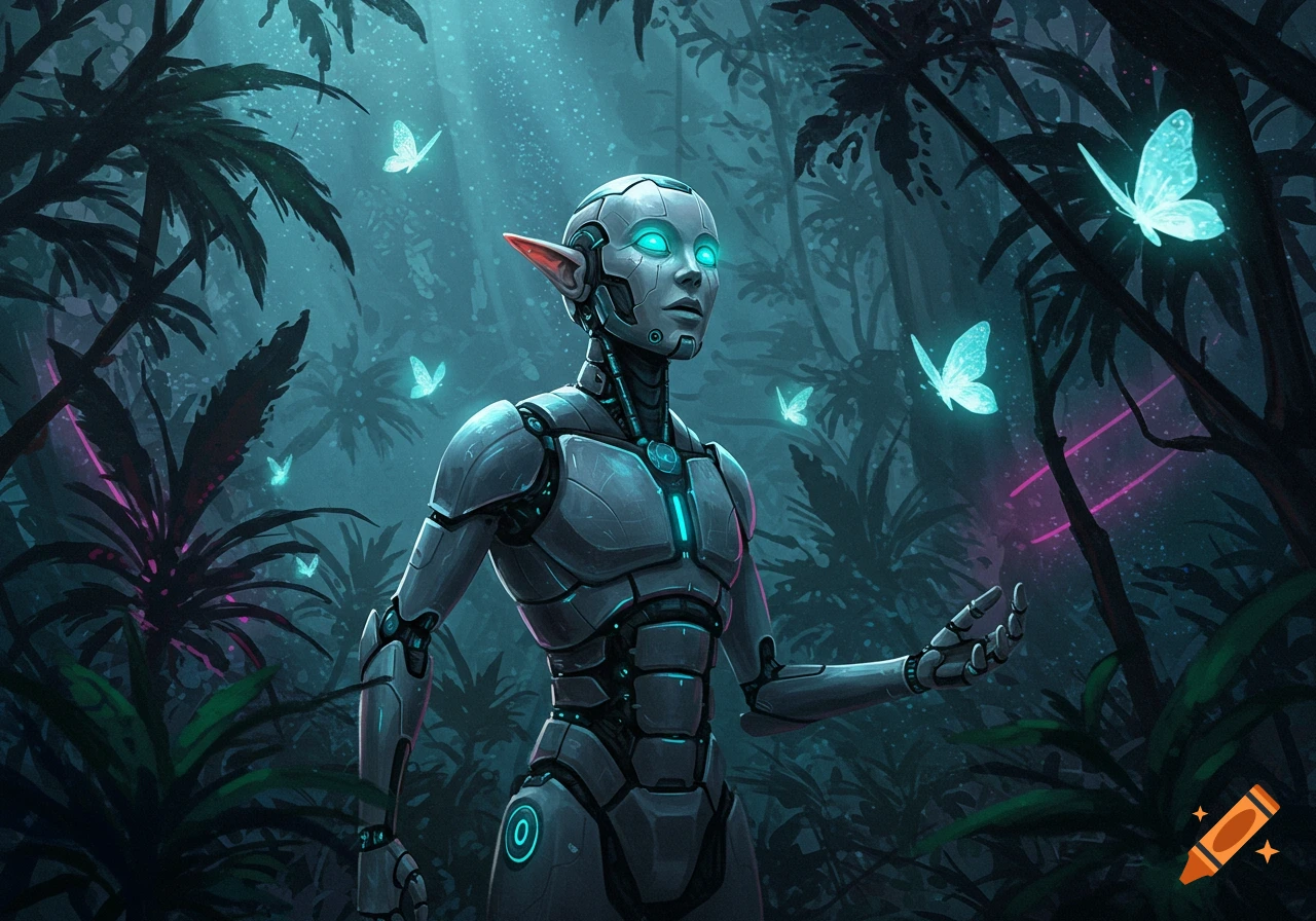 A robotic elf-like figure with glowing eyes and ears stands in a dark, ethereal jungle with luminous butterflies.