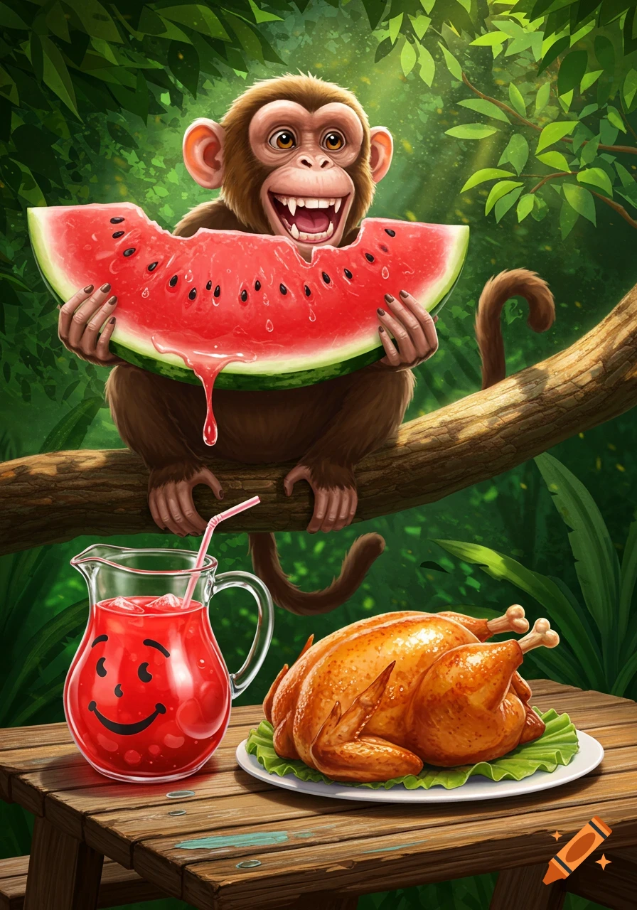 A cheerful cartoon monkey on a tree branch eats a watermelon, while a picnic table below holds a red juice pitcher and a roasted chicken in a lush jungle.