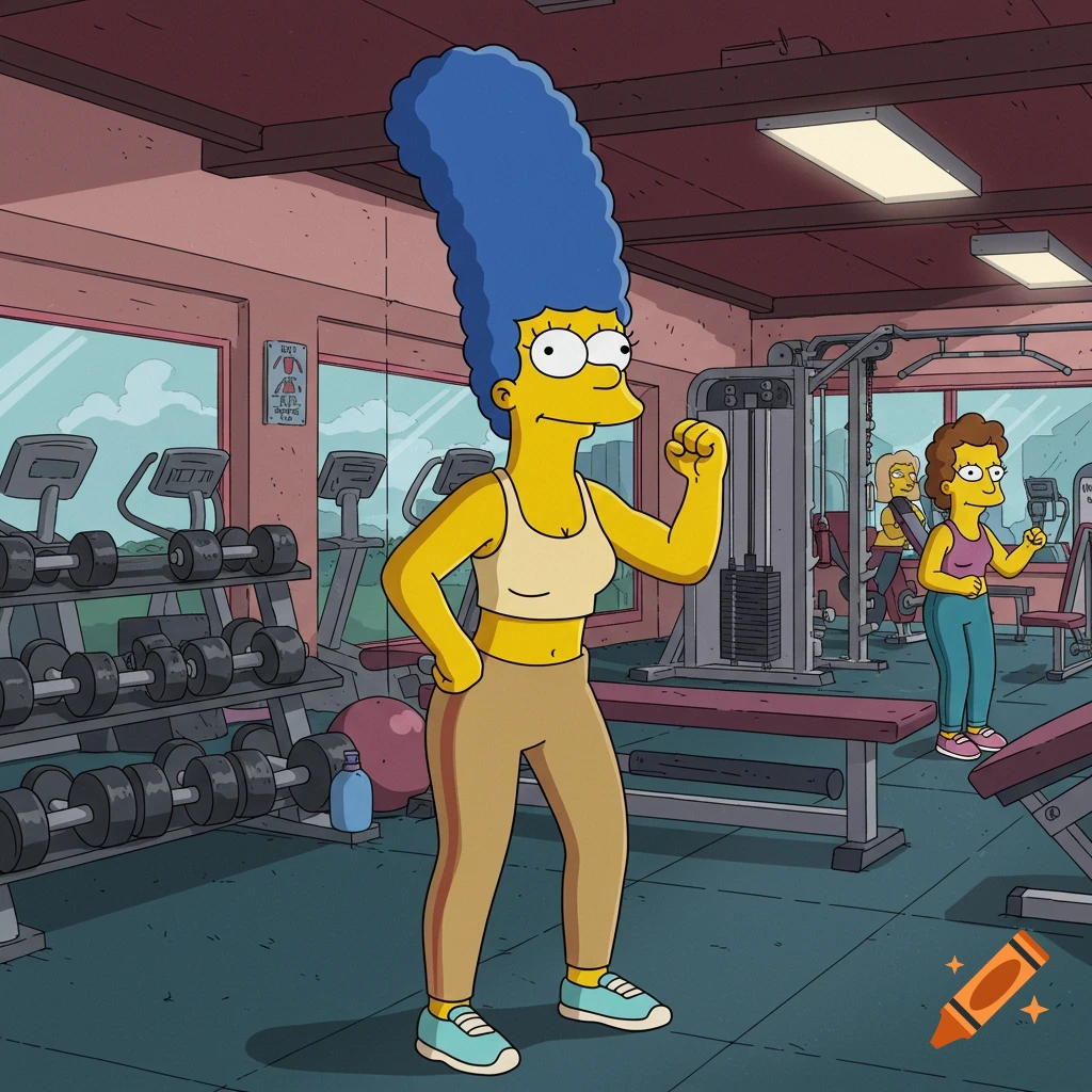 Marge Simpson from The Simpsons flexing her bicep in a cartoon gym, with other gym-goers and equipment in the background.