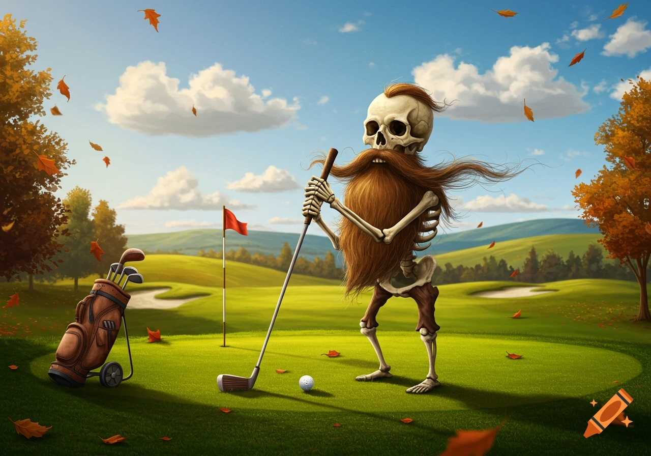 A whimsical, cartoonish skeleton with a long red beard plays golf on an autumn course with leaves falling.