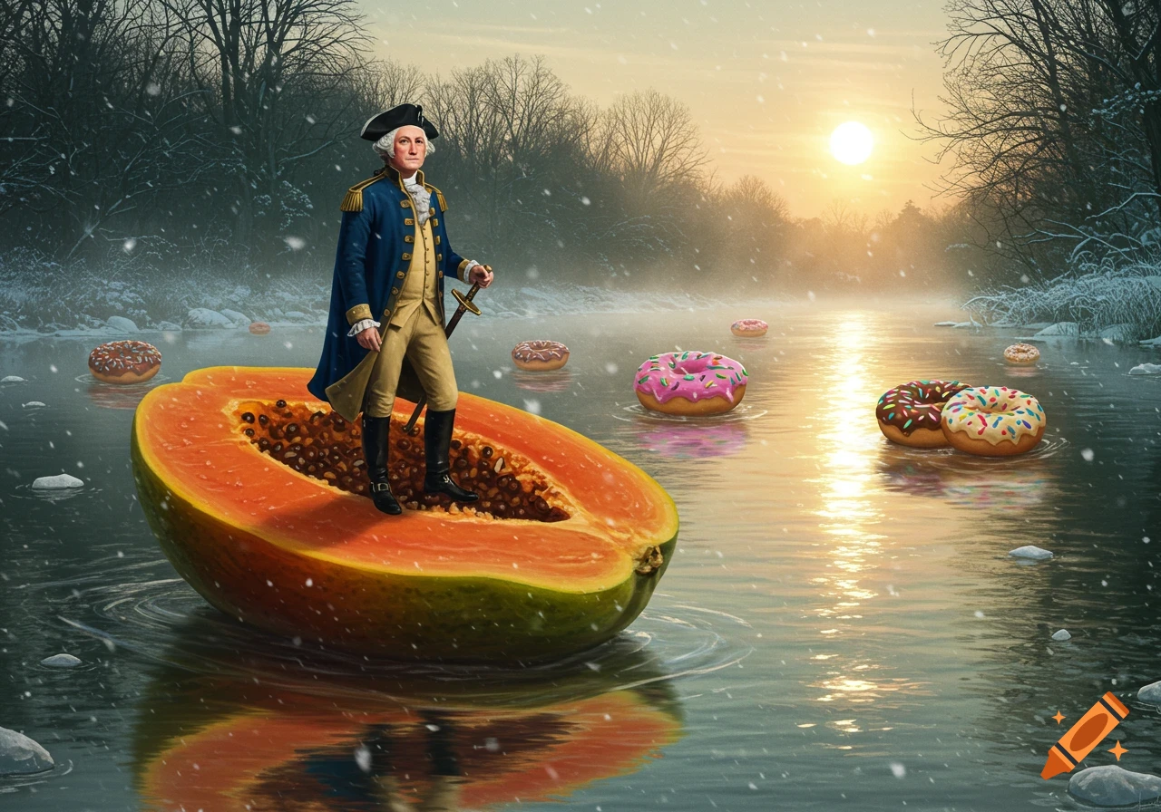 George Washington stands in a papaya boat on a snowy river with floating donuts during sunset.