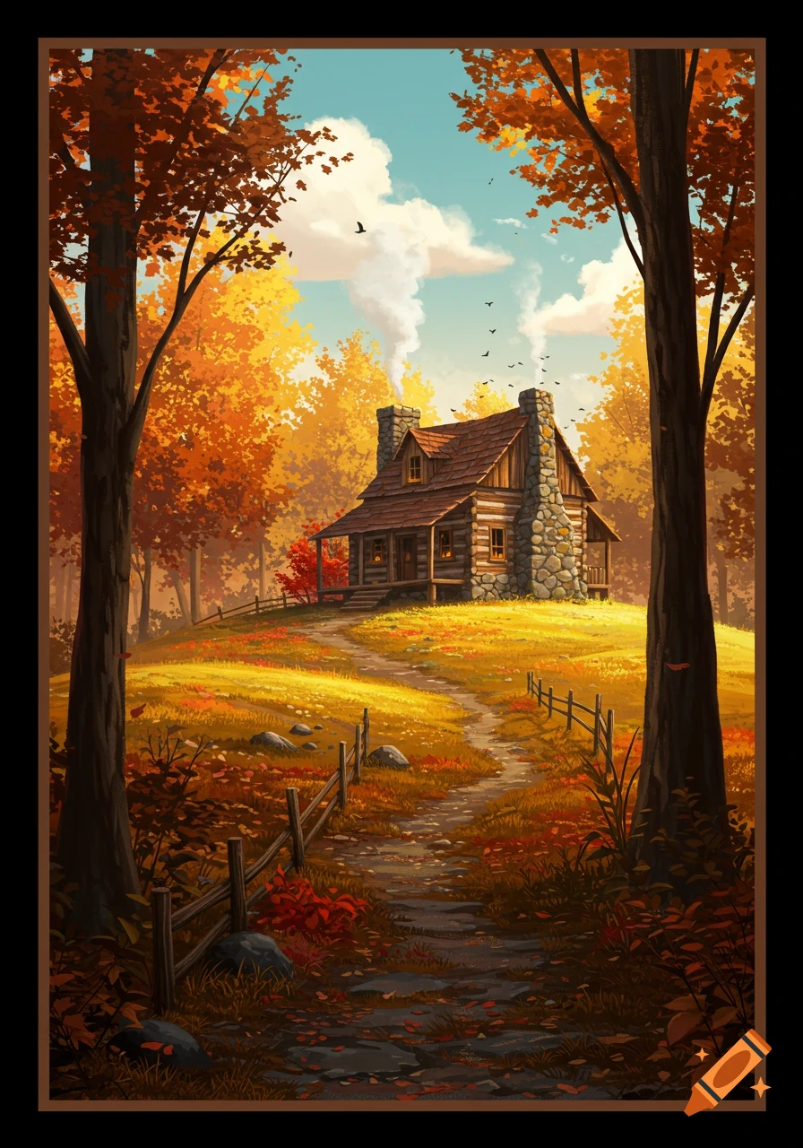 An illustrated rustic cabin on a hilltop in autumn woods with a winding path leading up to it.