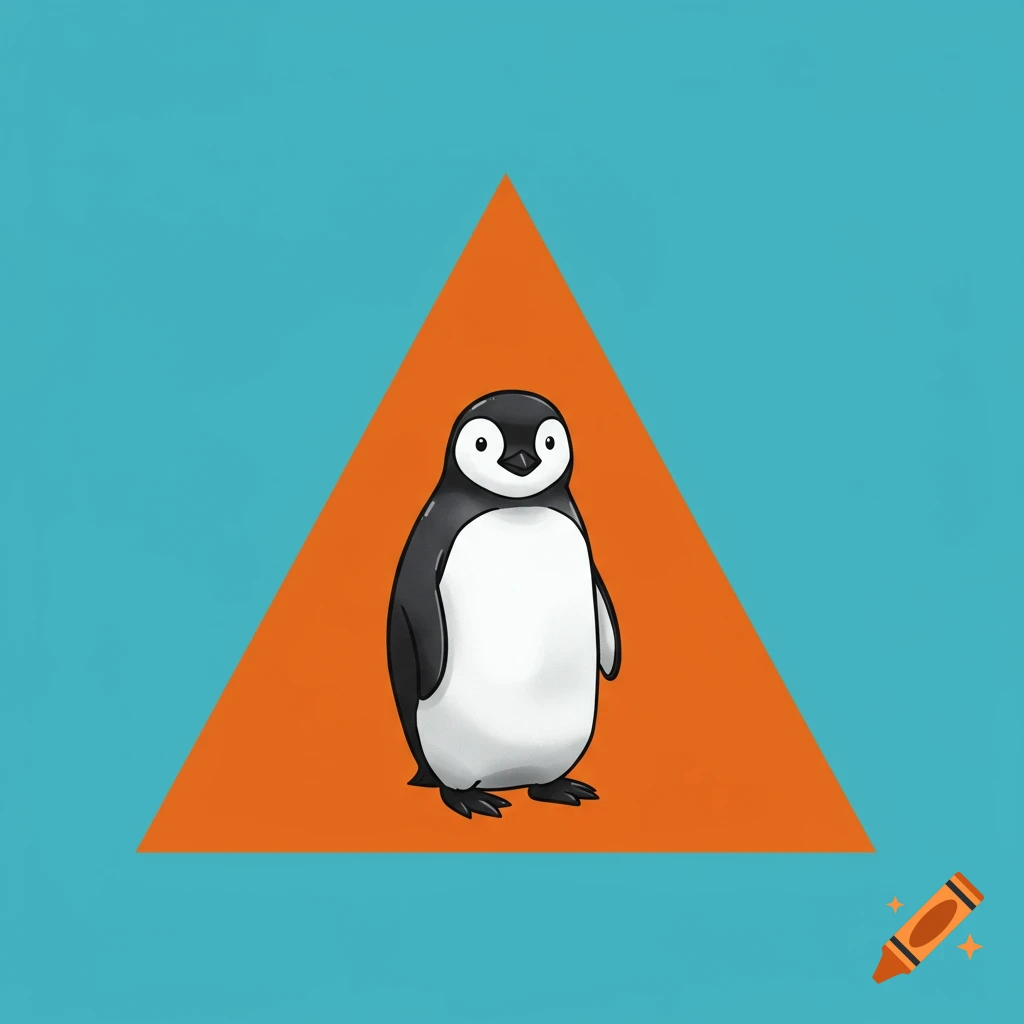 A cute cartoon penguin stands in front of an orange triangle on a cyan background.