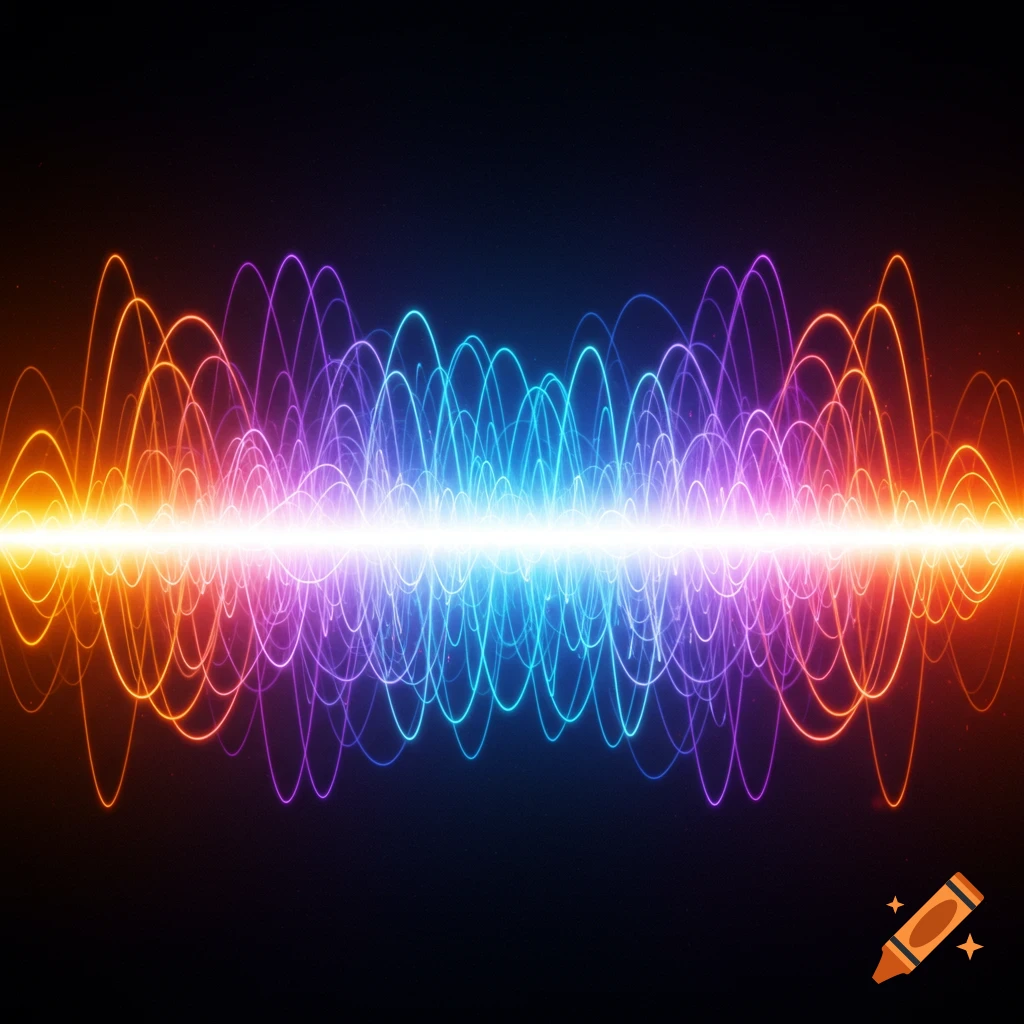 Abstract glowing waves of orange, purple, and blue colors radiating from a central bright light beam on a dark background.