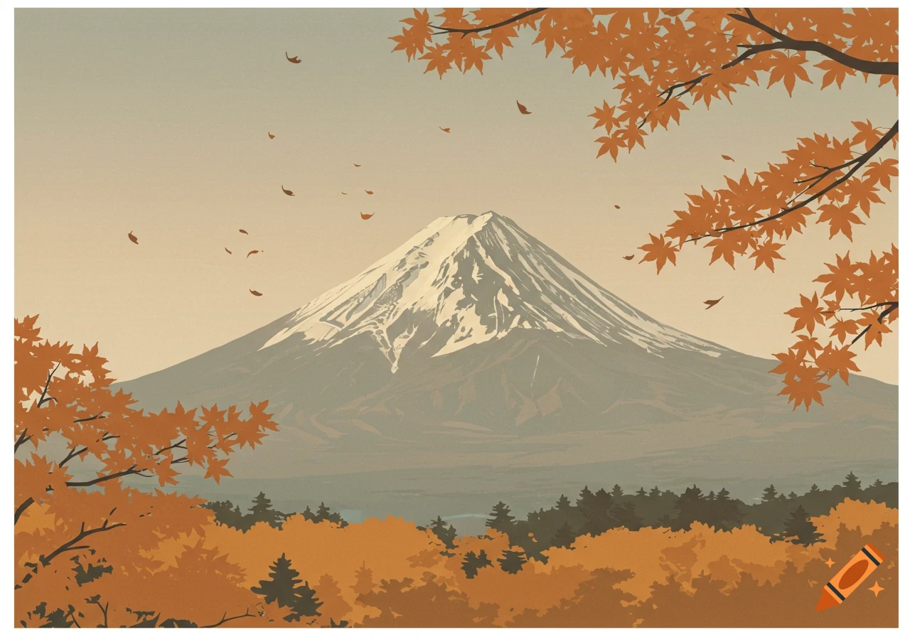 Minimalist Japanese art of Mt. Fuji with autumn leaves in the foreground, calm and serene composition.