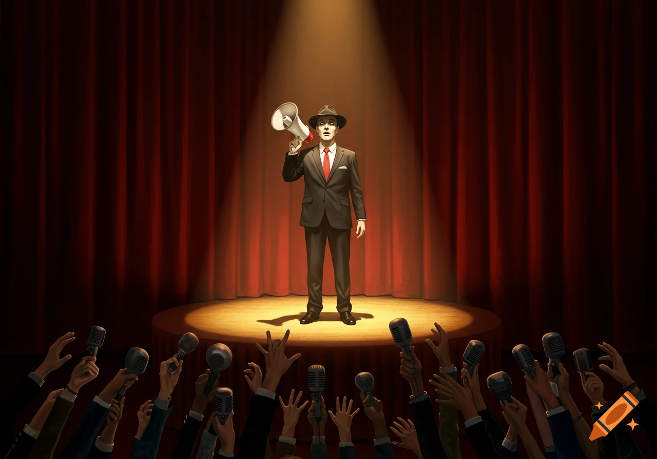 A man in a suit and fedora on a stage under a spotlight, speaking into a megaphone as a crowd of hands holding microphones reaches up.