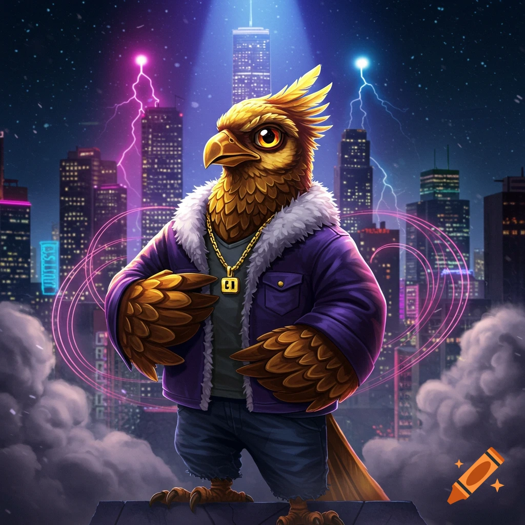 An anthropomorphic hawk-like bird in a purple jacket and jeans, wearing a gold chain, stands on a city rooftop at night with neon lights and lightning.