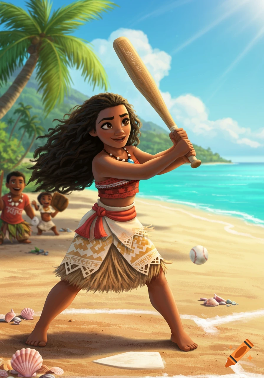 Animated Moana in batting stance on a sandy beach, holding a baseball bat with a ball in the air. Other characters play in background.