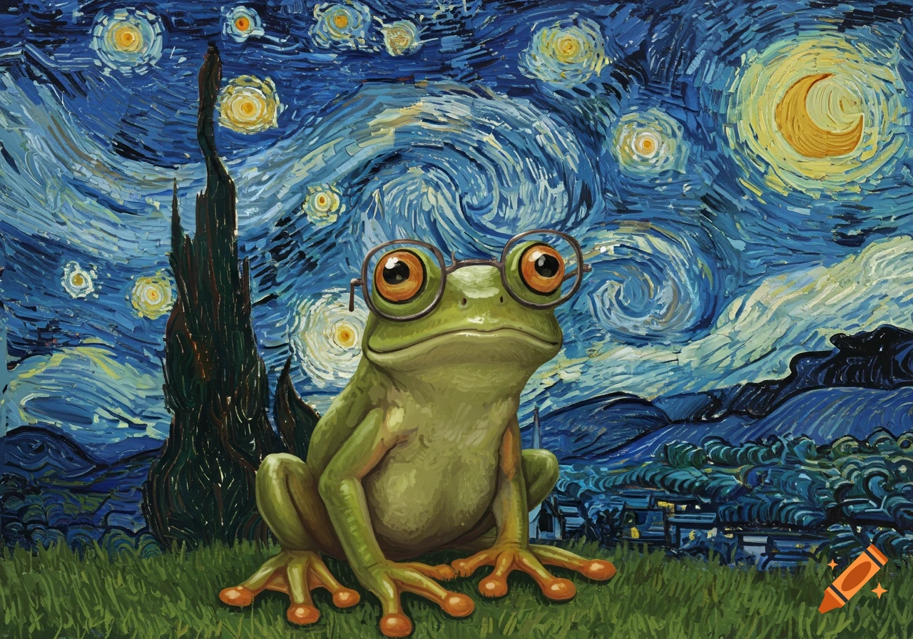 A green frog wearing glasses sits in front of a vibrant blue and yellow starry night painting in Van Gogh's style.