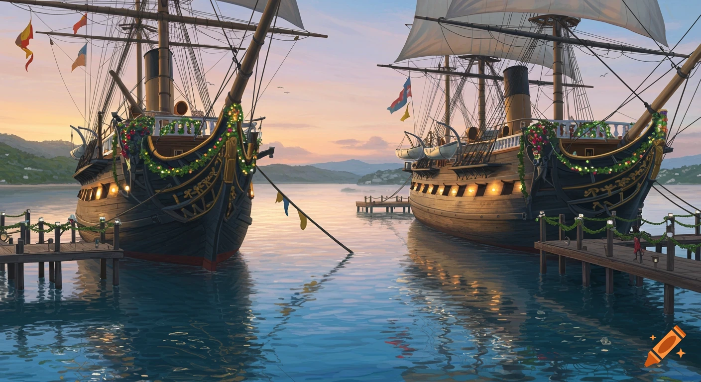 Two large ornate ships, decorated with festive lights and garlands, are moored at docks in a calm bay at sunset, with mountains in the background.