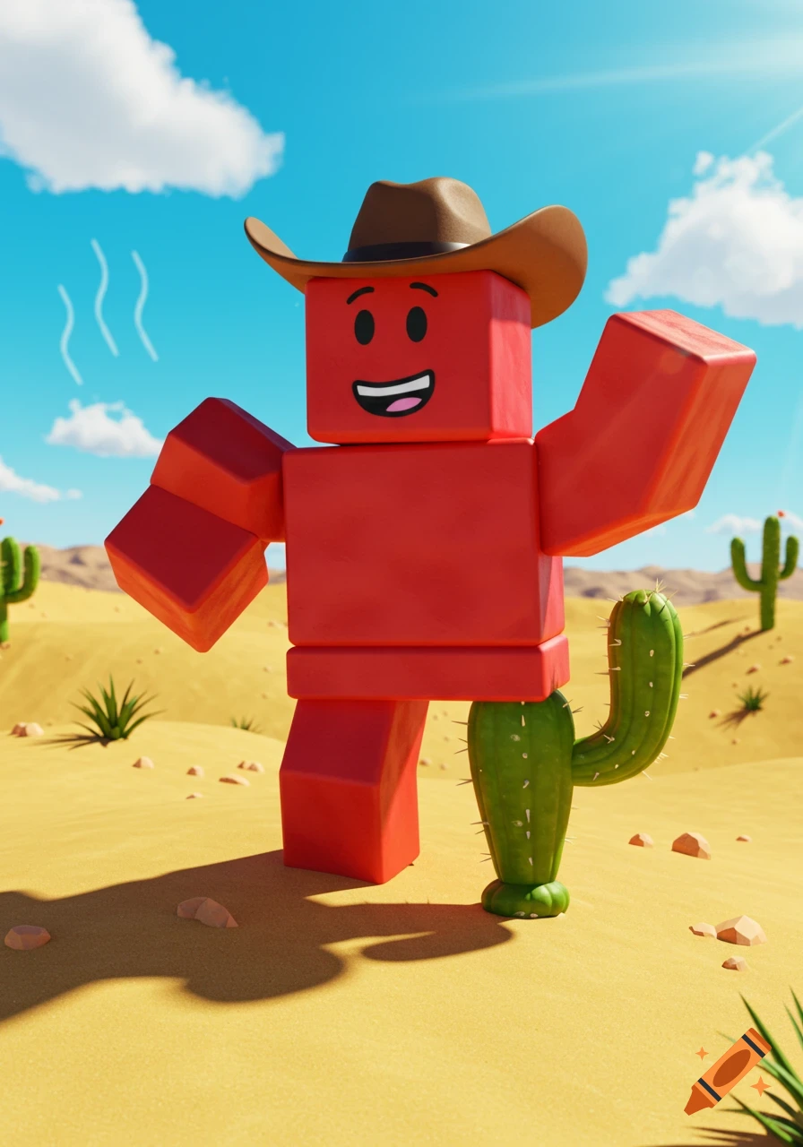 A red blocky character in a cowboy hat stands in a desert with one leg replaced by a cactus.