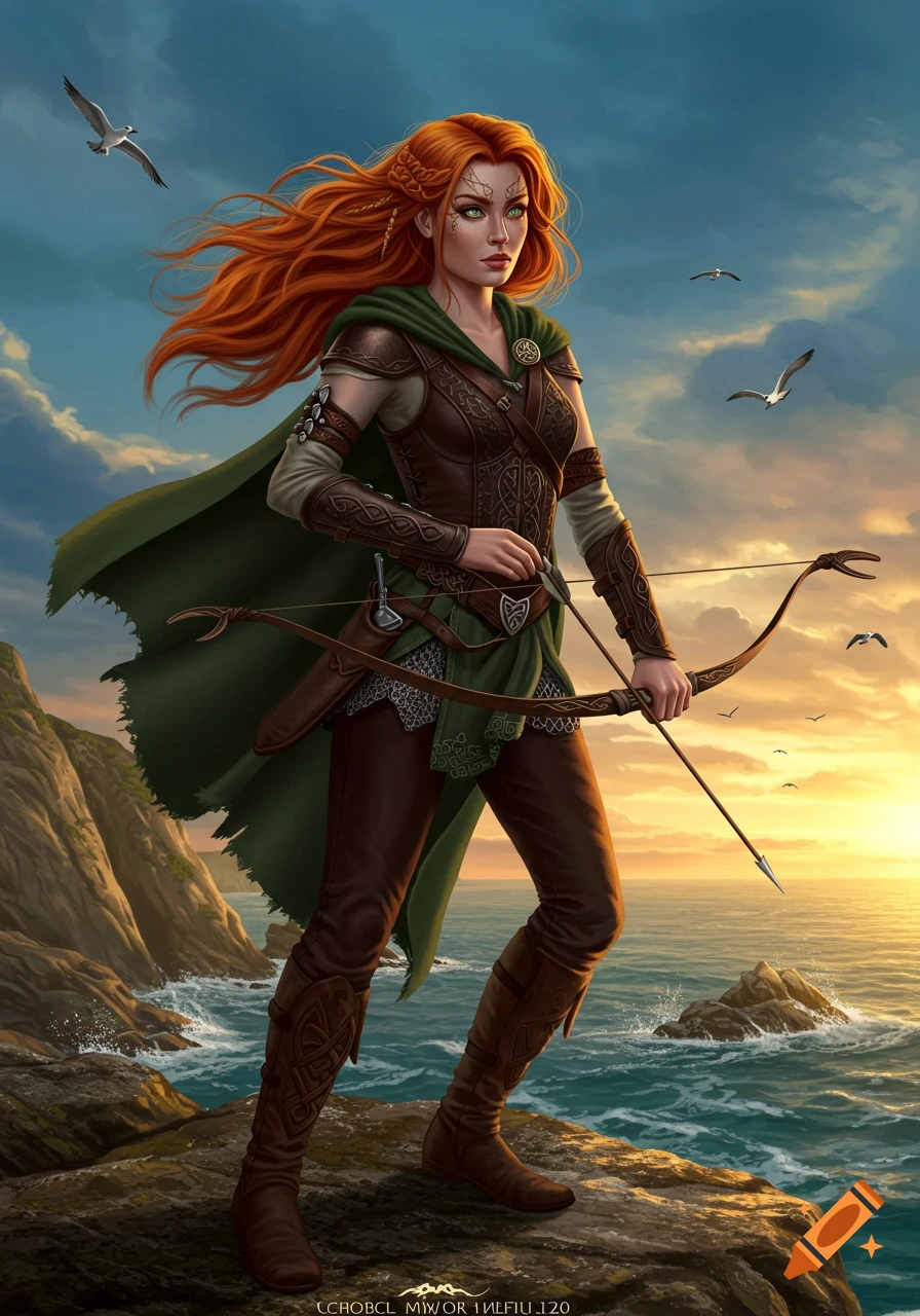 A red-haired female archer in green and brown leather armor stands on a rocky coast with a bow, gazing intently at a sunset over the ocean.