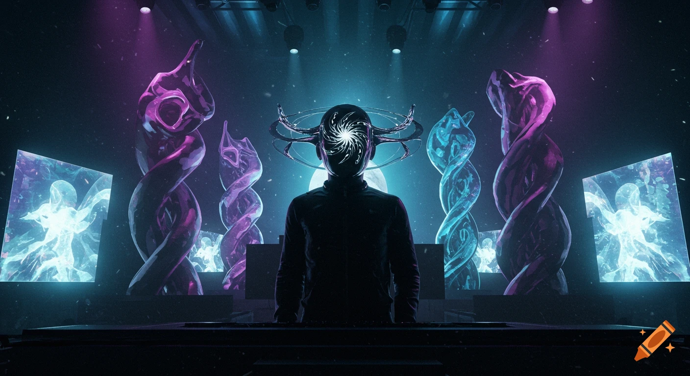 A silhouetted electronic musician with a glowing spiral headpiece on a stage, surrounded by surreal, glowing abstract sculptures and screens in a sci-fi dreamscape.