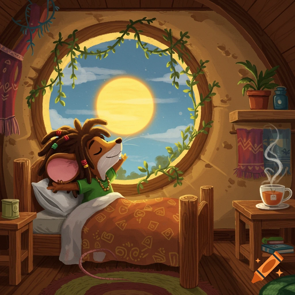 A cartoon rasta mouse with dreadlocks stretches in bed as bright morning sunlight streams through a circular window.