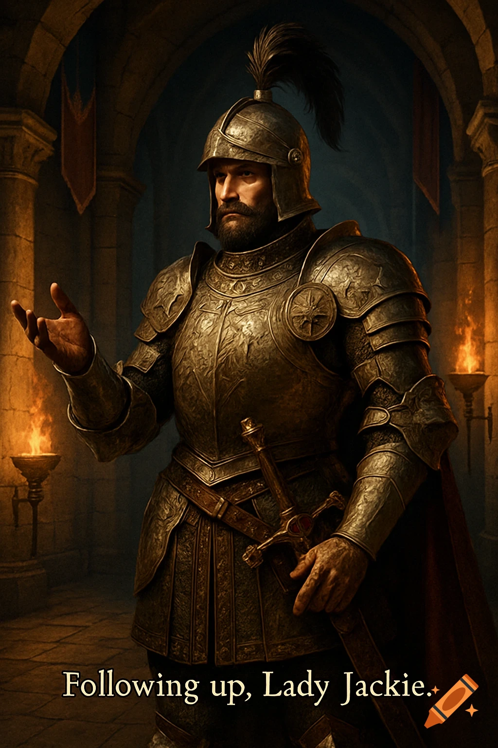 A bearded medieval knight in ornate golden armor, holding a sword and gesturing, stands in a dimly lit stone castle hall.
