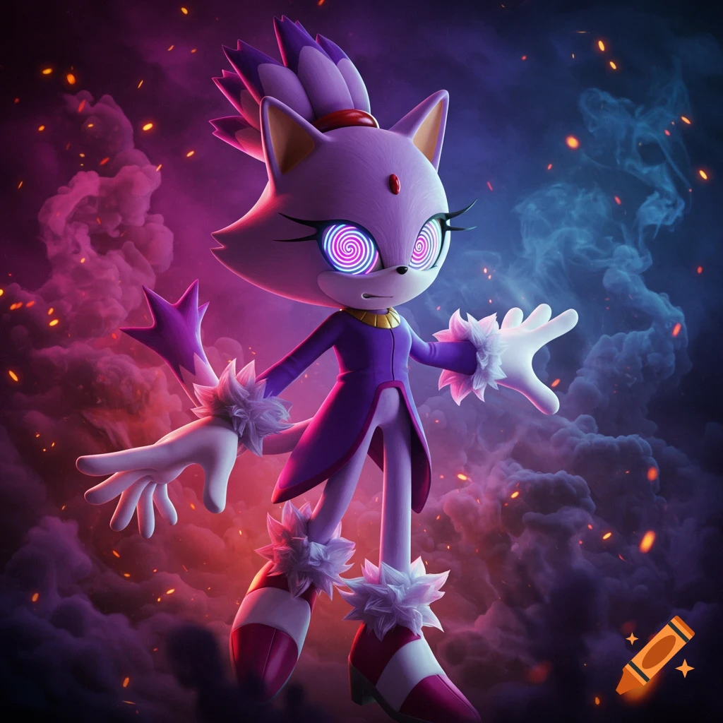 Blaze the Cat with glowing spiral eyes stands amidst fiery purple and blue smoke in a vibrant, stylized render.