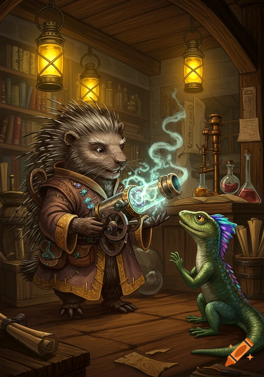 A porcupine artificer in a brown robe holds a glowing eldritch cannon for a small green skink in a magical workshop filled with lanterns, books, and potions.