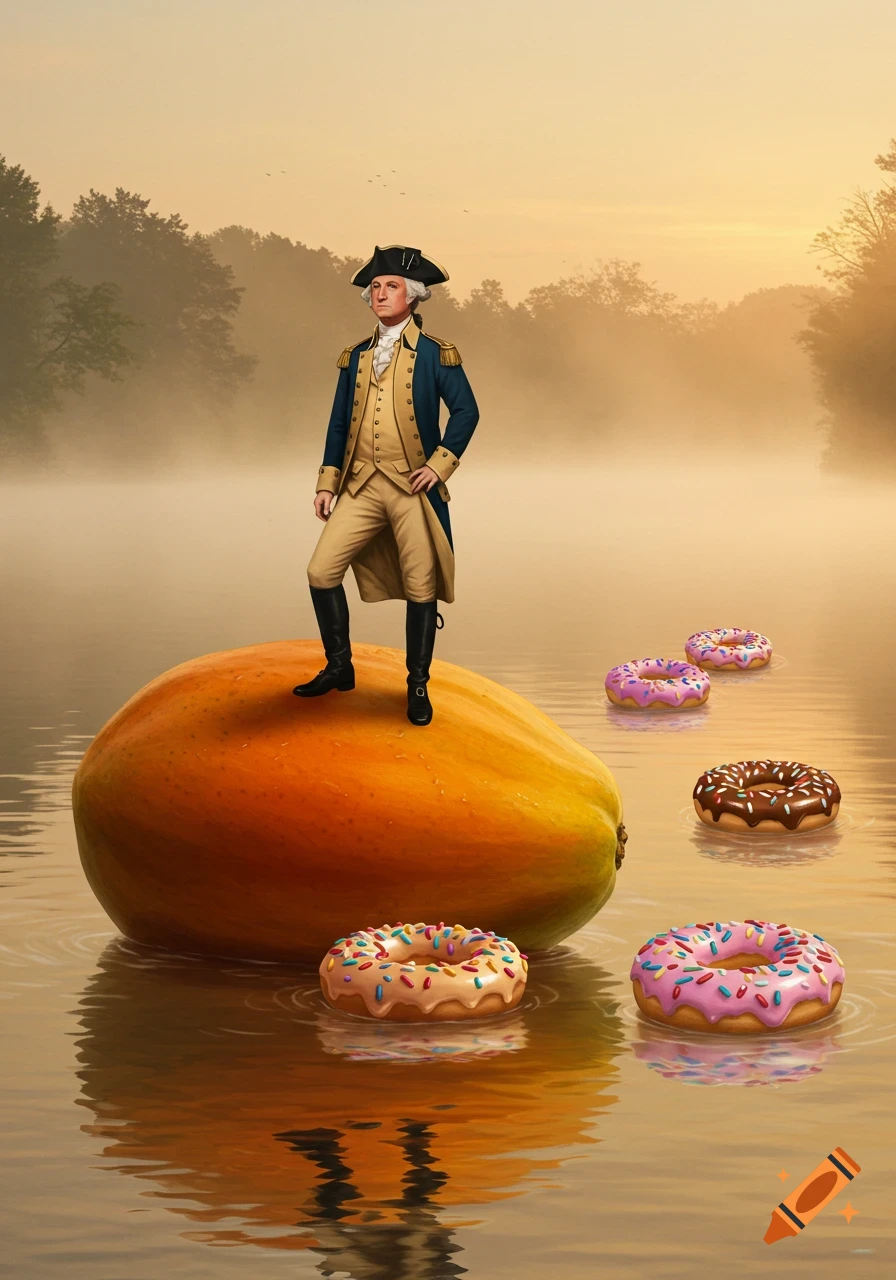 George Washington stands on a giant papaya, floating in a foggy lake alongside colorful donuts during sunrise.