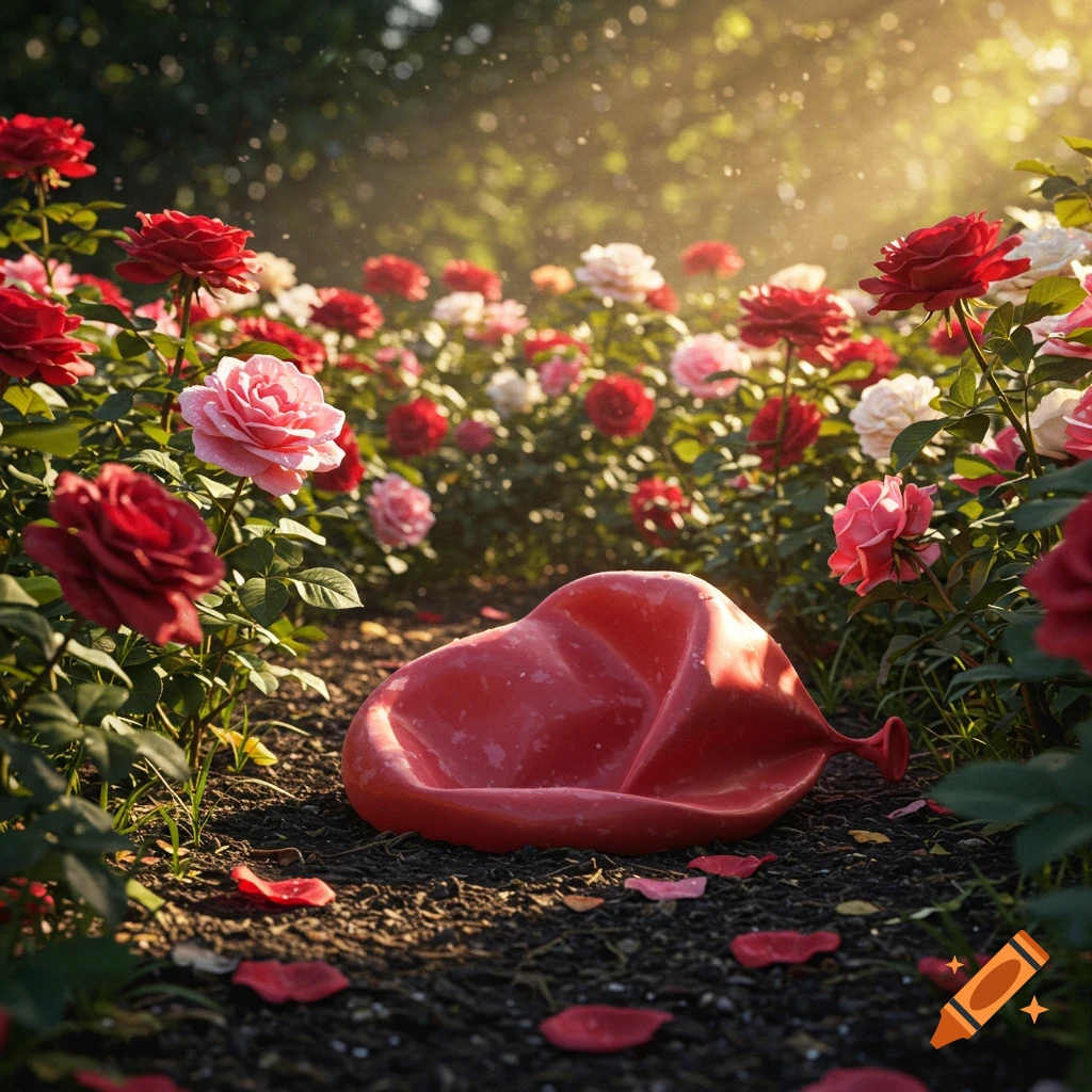 A red deflated balloon on the ground in a sunny rose garden with red, pink, and white roses.
