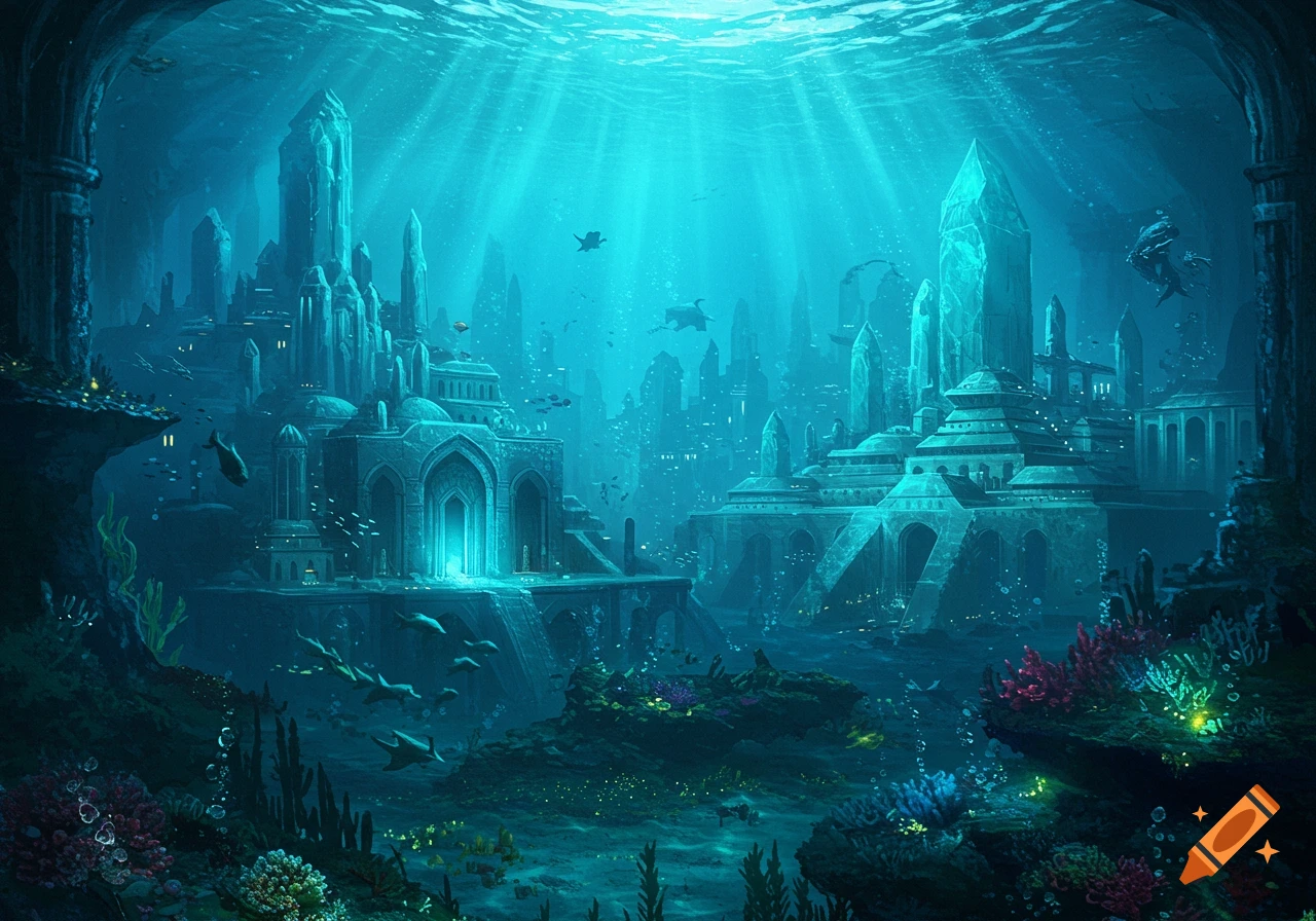 Ethereal underwater city with towering structures, glowing elements, and light rays filtering through the turquoise water, with fish and coral.
