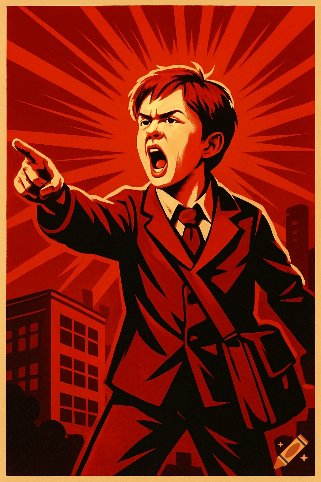 A propaganda-style illustration of a young boy in a suit yelling and pointing, with a red sunburst background and city buildings.