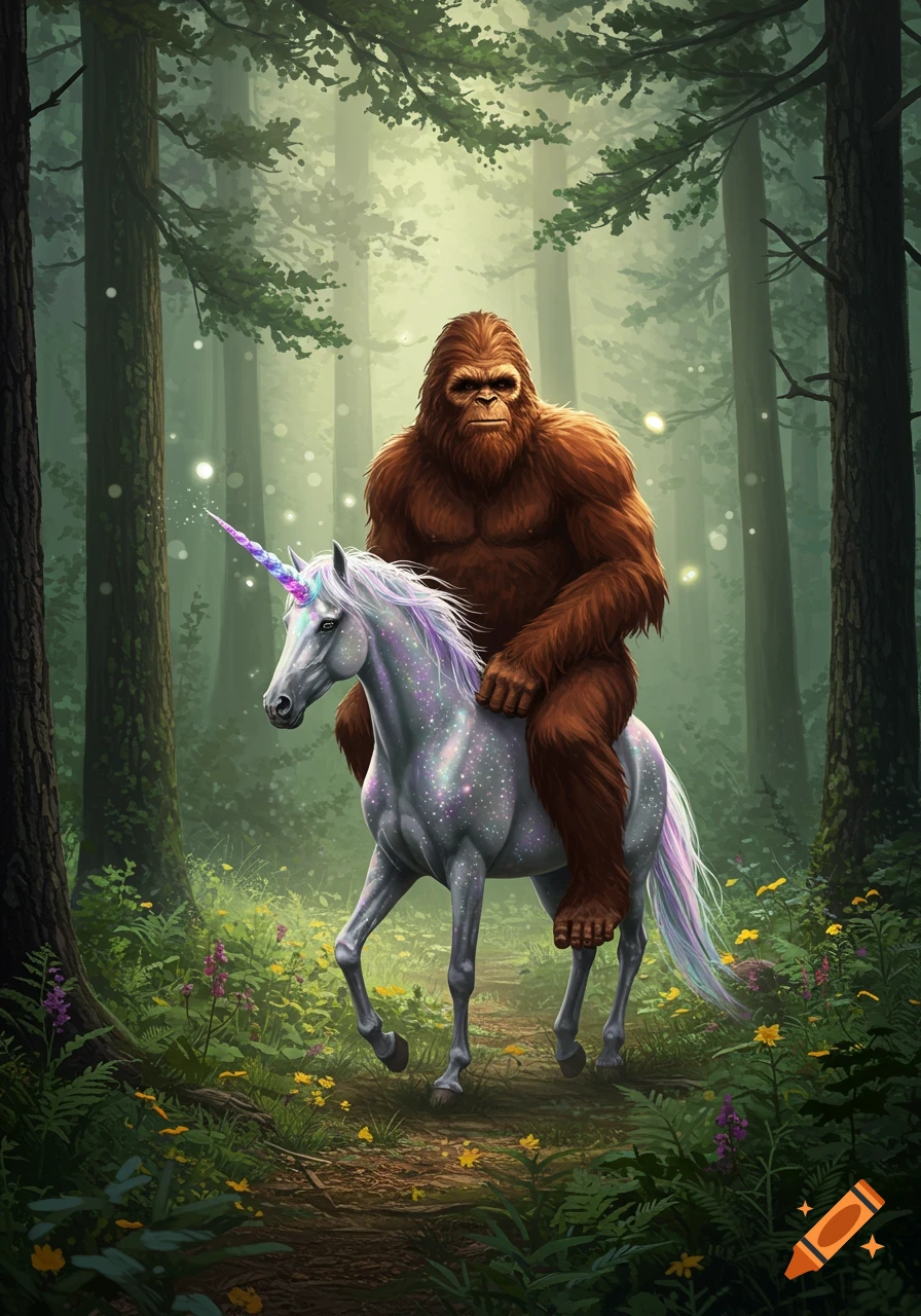 Bigfoot rides a sparkly white unicorn along a path in a mystical forest filled with glowing lights.