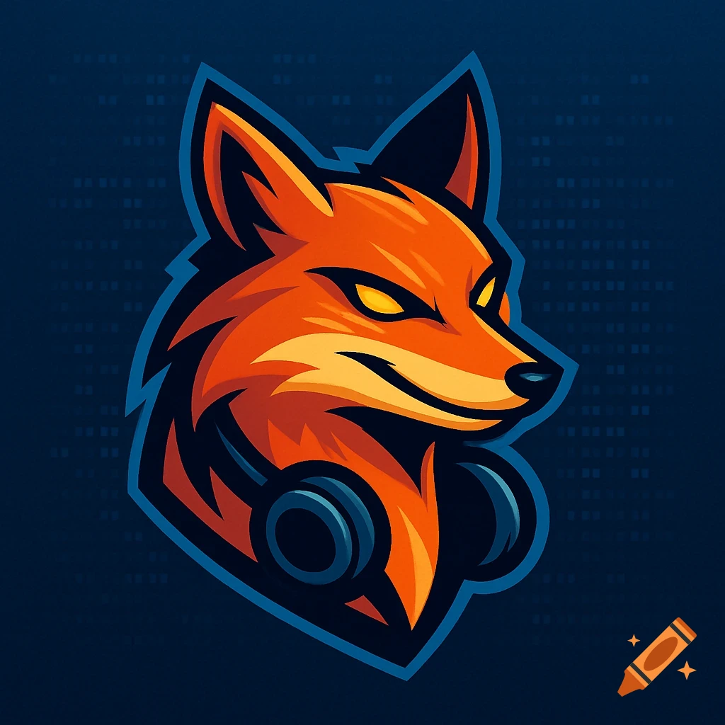 A stylized orange and yellow fox head wearing blue headphones, depicted as a logo on a dark blue pixelated background.